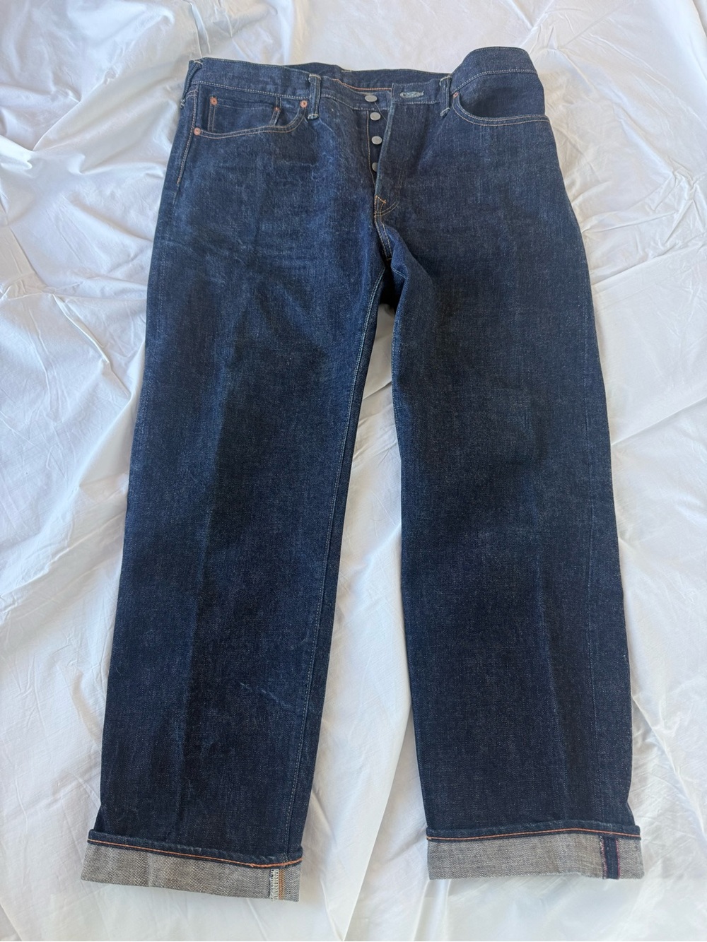 45 RPM straight leg men’s indigo denim with button fly
